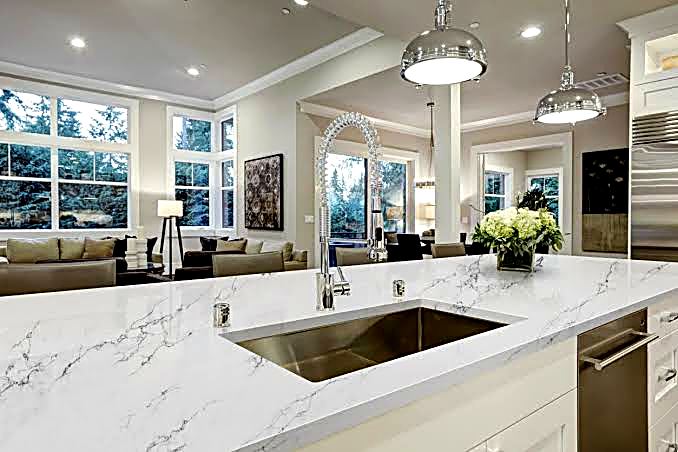 Neutral quartz countertop in a modern kitchen